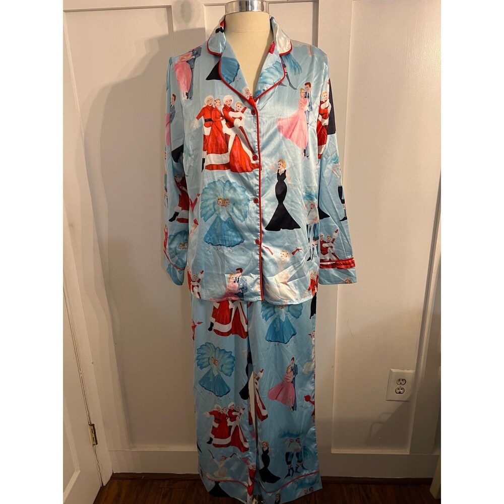 White Christmas Movie Classic Sisters Blue Silky Satin Pajama Set Women's Size M